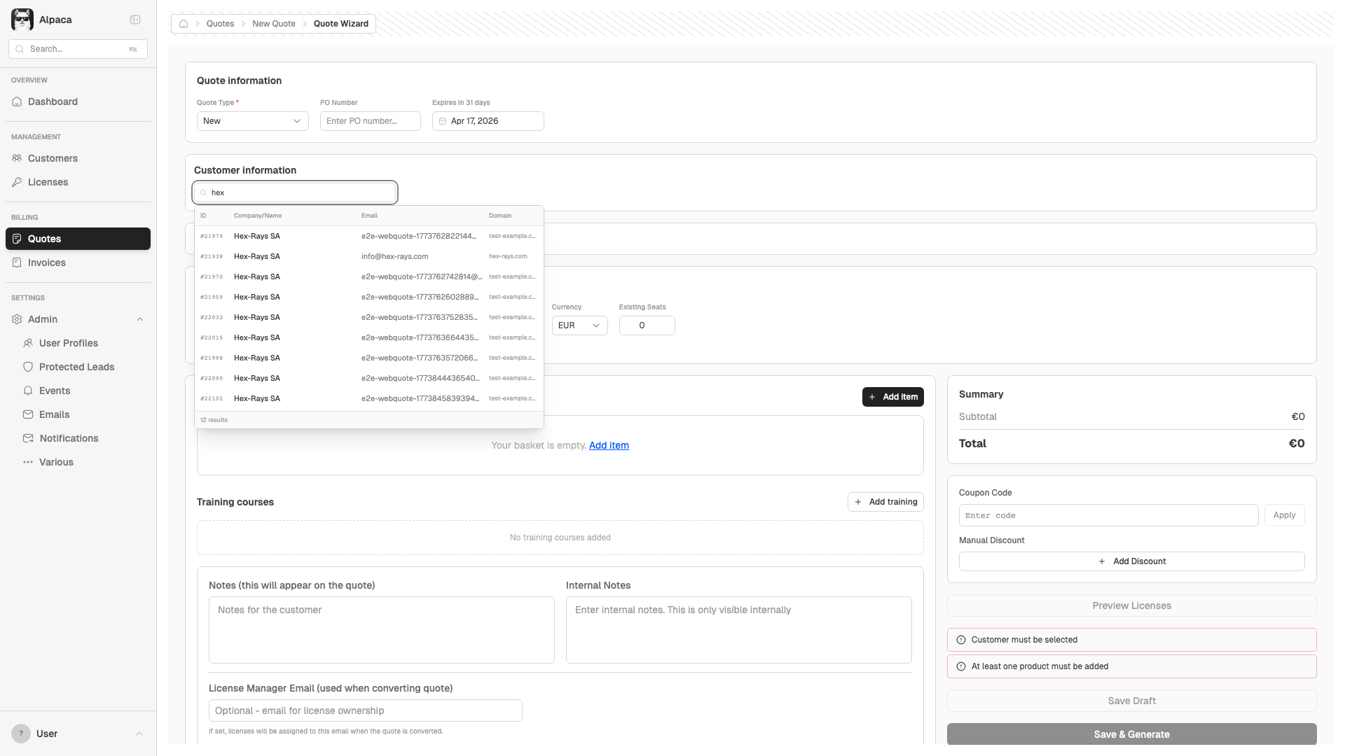 Quote Wizard Customer